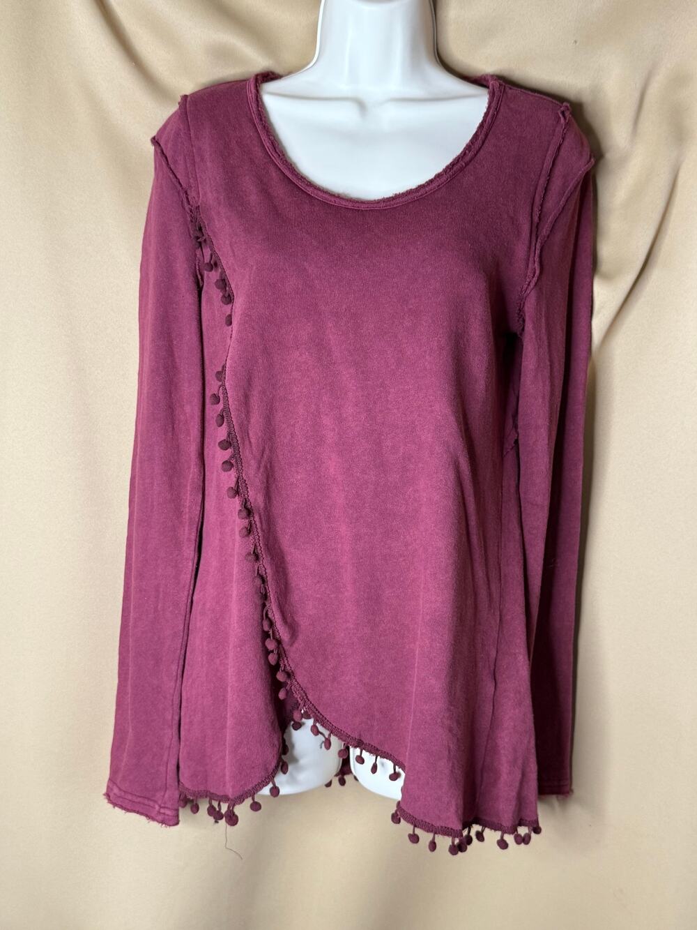 POL Boho Burgundy French Terry Long Sleeve Top with Pom Pom Trim New L